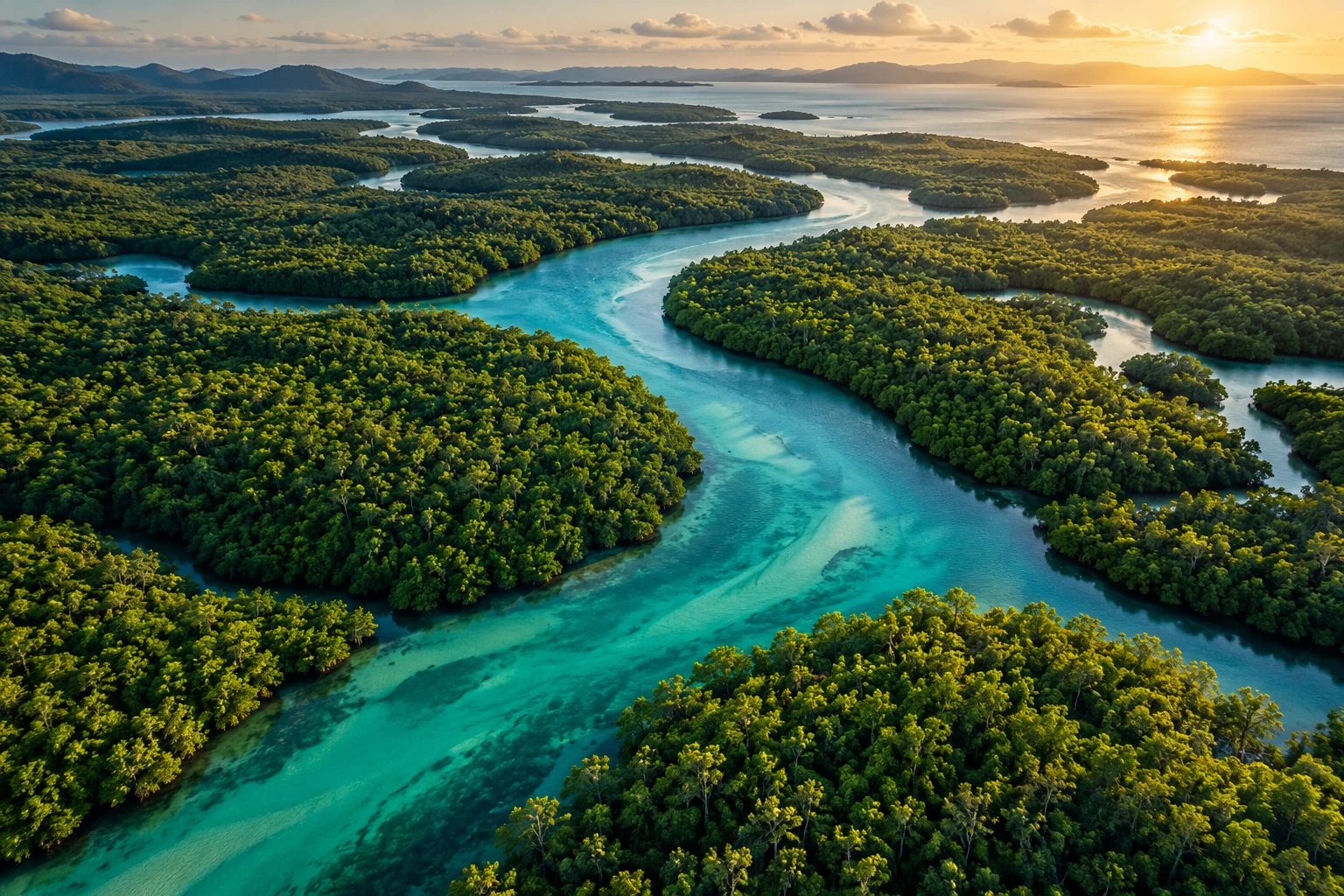 A turquoise tidal channel winding through a coastal mangrove forest