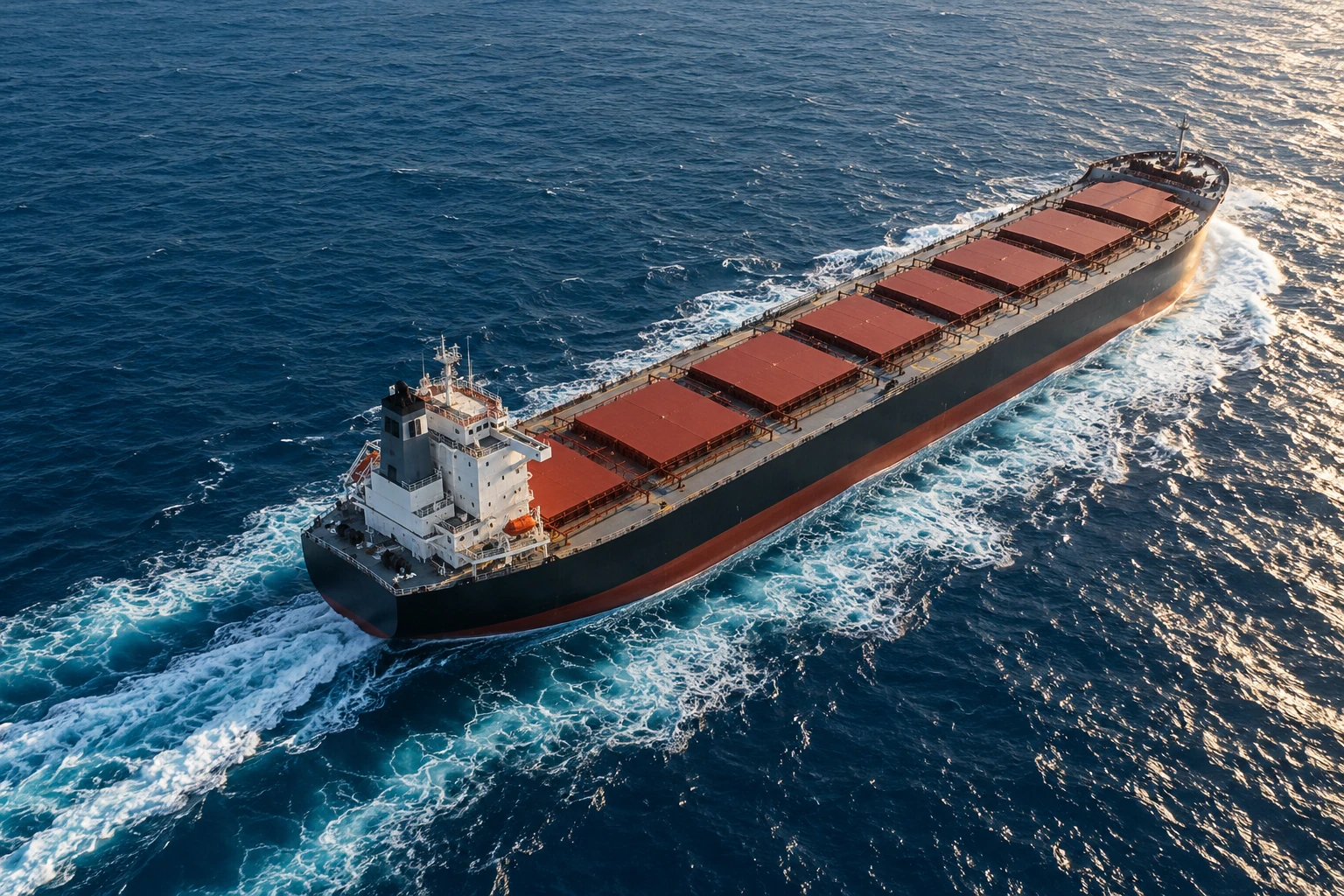 A bulk cargo vessel crossing the open ocean with a sweeping white wake