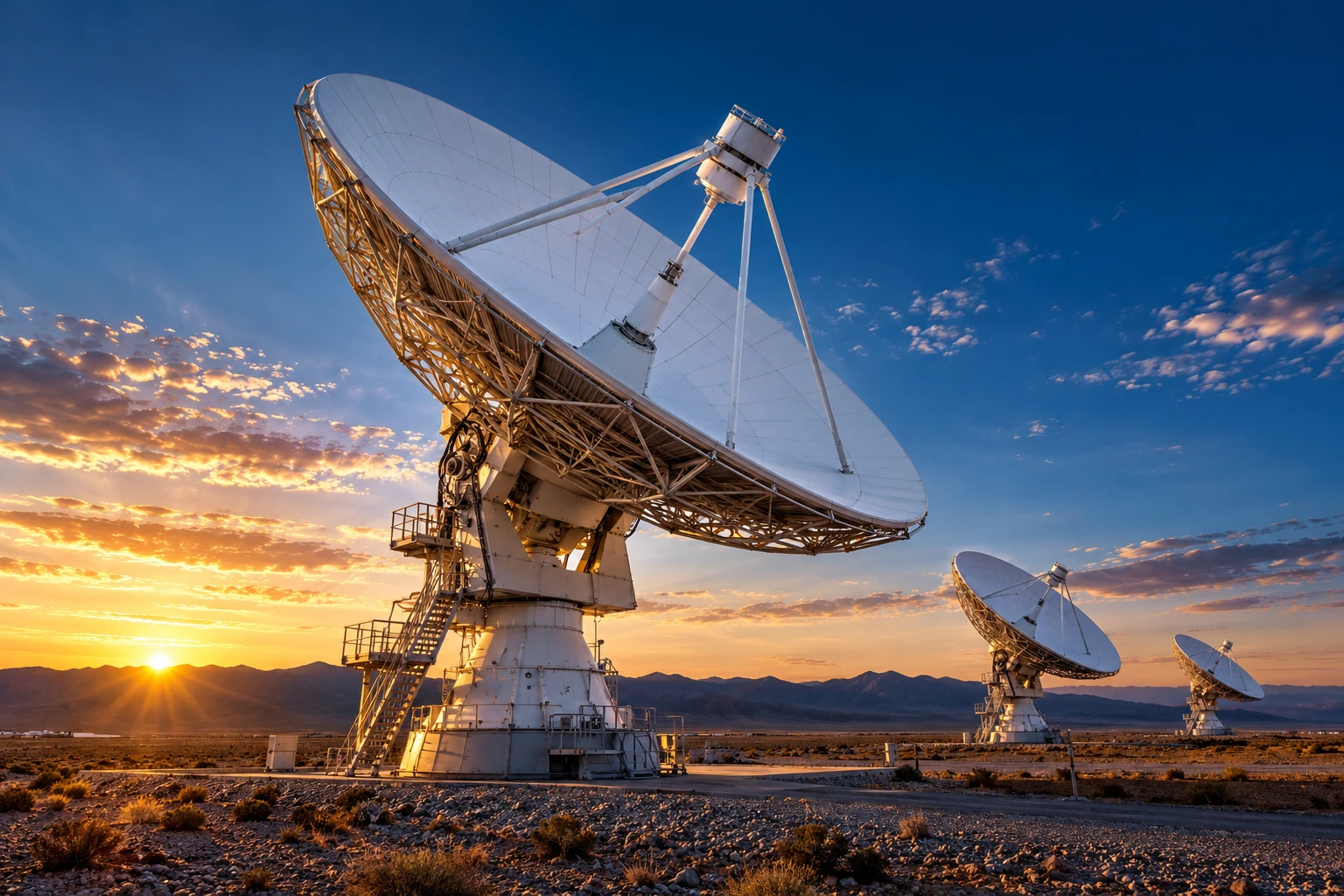 Satellite communications dishes under a blue and gold dawn sky