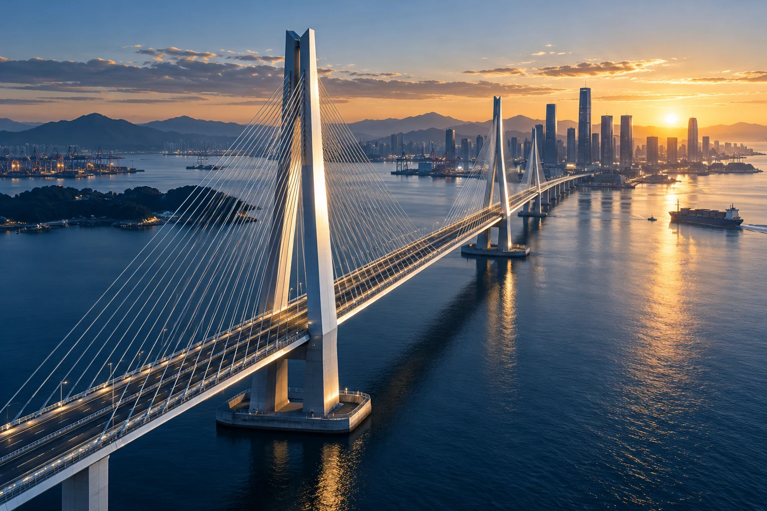 A cable-stayed bridge connecting an international coastal city and harbour at dawn