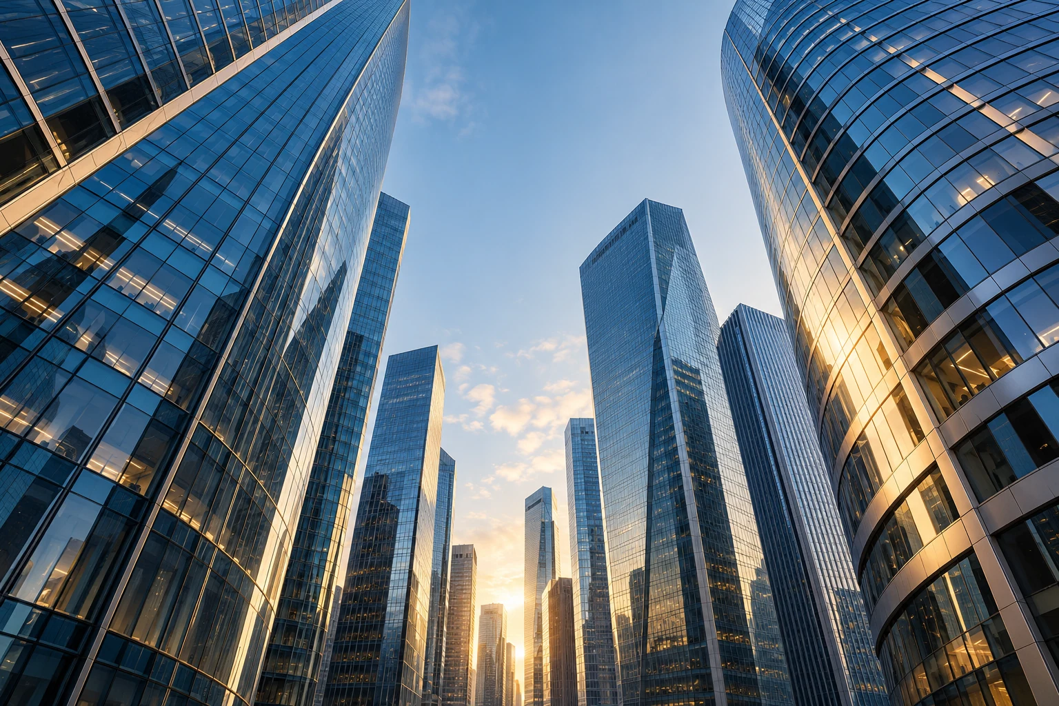 Modern financial district towers reflecting soft gold light against a blue sky